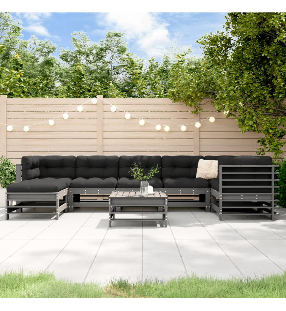 Salon de jardin 8 pcs avec coussins gris bois massif