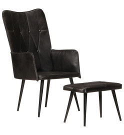 Chaise à oreilles avec repose-pied Noir Cuir véritable