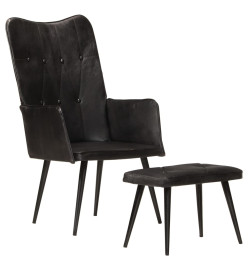 Chaise à oreilles avec repose-pied Noir Cuir véritable