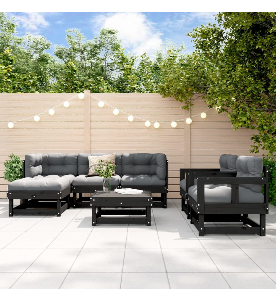 Salon de jardin 7 pcs avec coussins noir bois massif