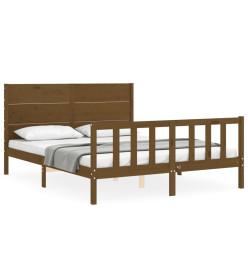 Cadre de lit tête de lit marron miel King Size bois massif