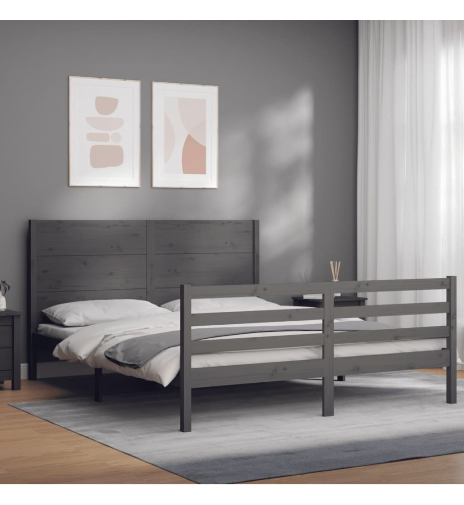 Cadre de lit avec tête de lit gris King Size bois massif Cadre de lit avec tête de lit gris King Size bois massif