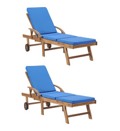 Chaises longues avec coussins 2 pcs Bois de teck solide Bleu