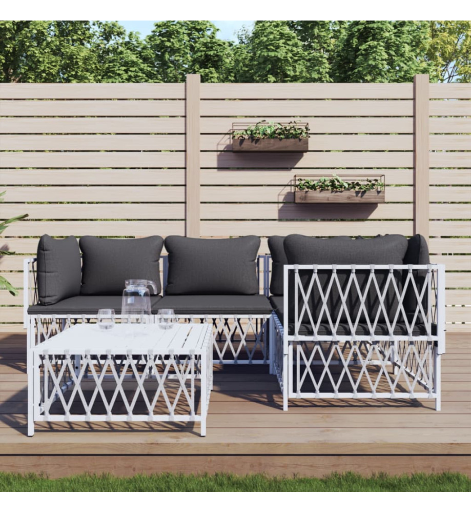 Salon de jardin avec coussins 5 pcs blanc acier