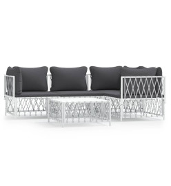 Salon de jardin avec coussins 5 pcs blanc acier