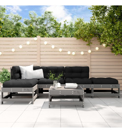 Salon de jardin 6 pcs avec coussins gris bois massif