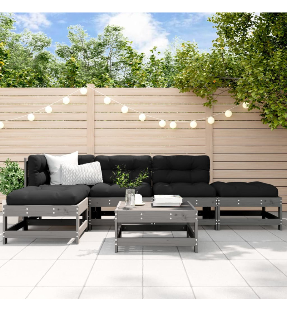 Salon de jardin 6 pcs avec coussins gris bois massif