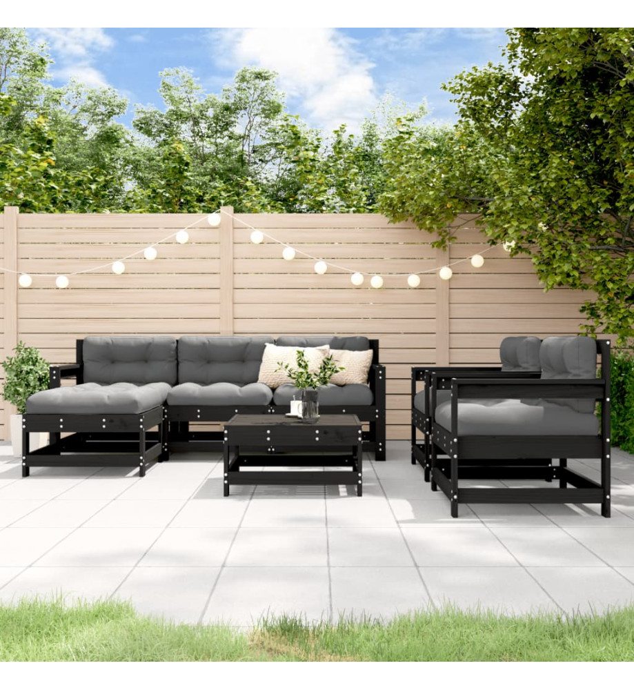 Salon de jardin 7 pcs avec coussins noir bois massif