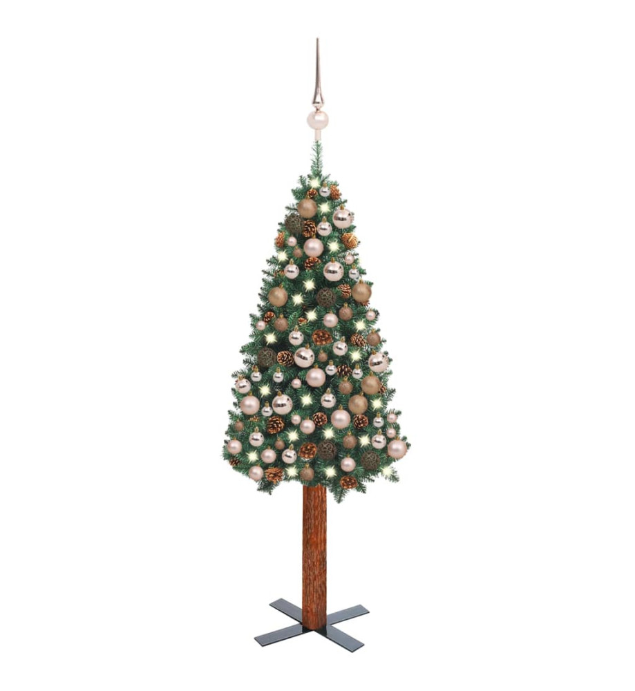 Arbre de Noël mince avec LED et boules Vert 150 cm PVC