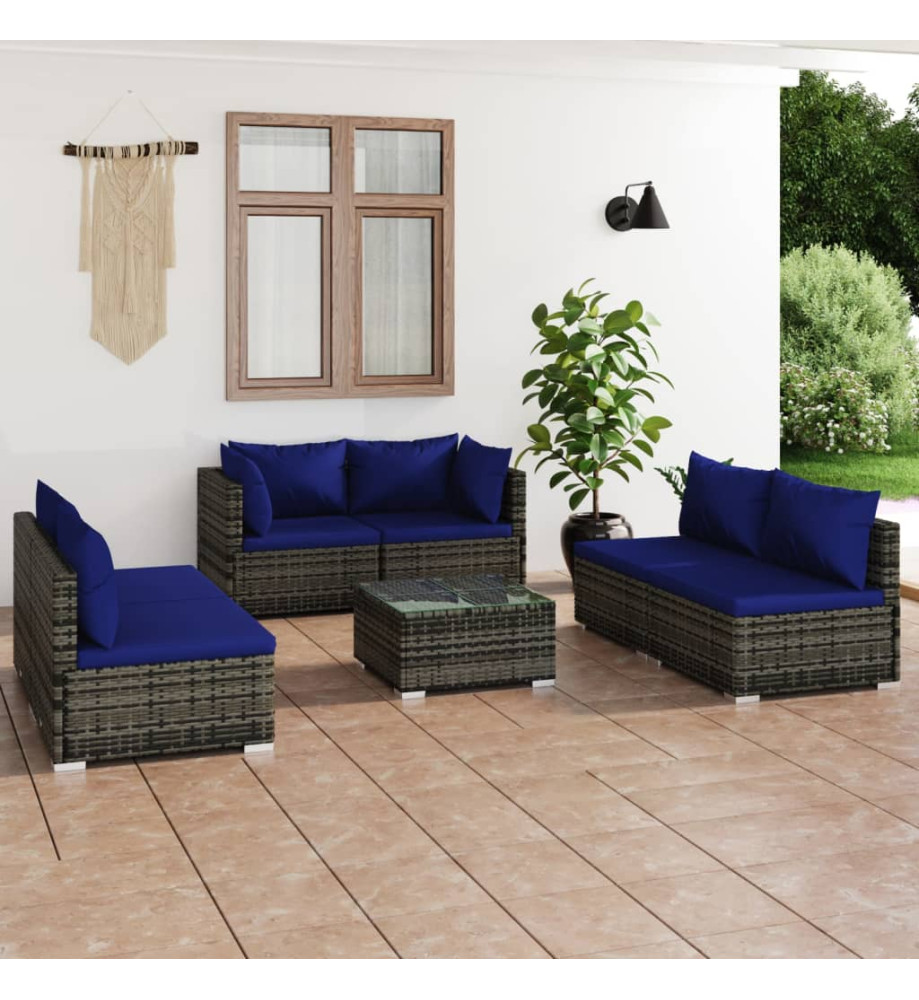 Salon de jardin 7 pcs avec coussins résine tressée gris