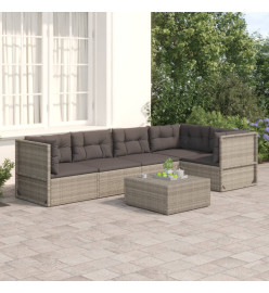 Salon de jardin 5 pcs avec coussins Gris Résine tressée