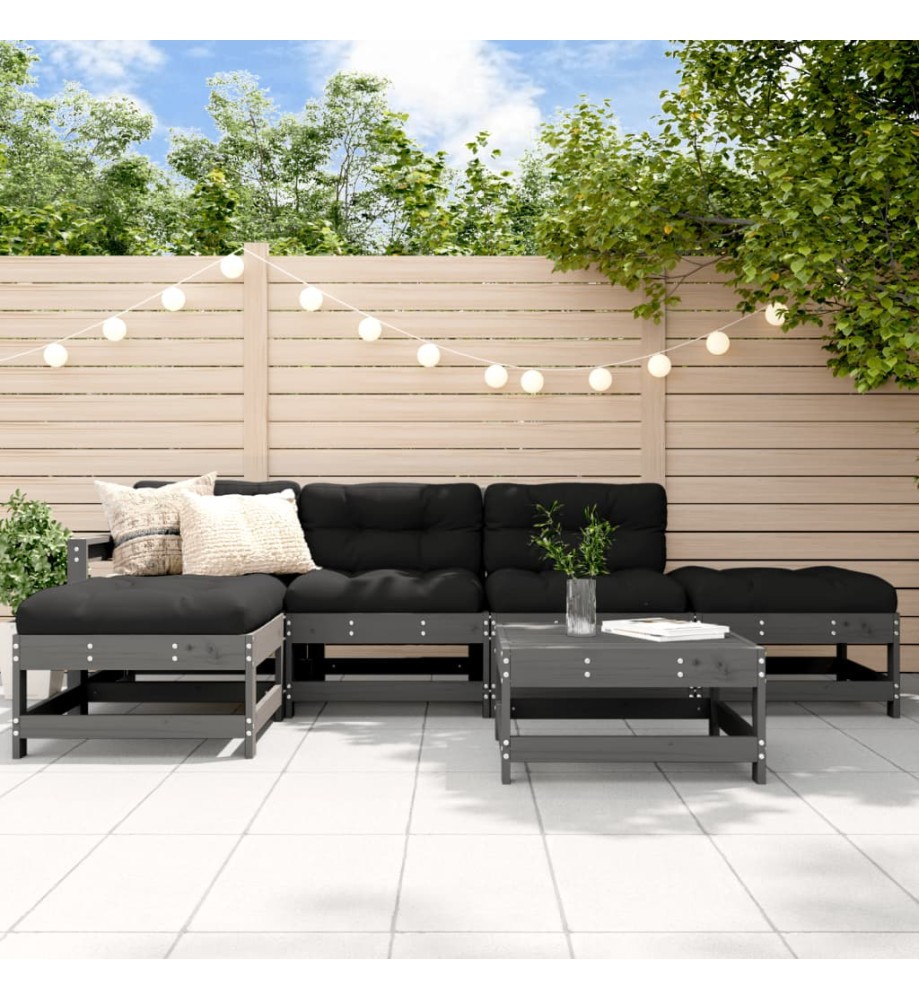 Salon de jardin 6 pcs avec coussins gris bois massif