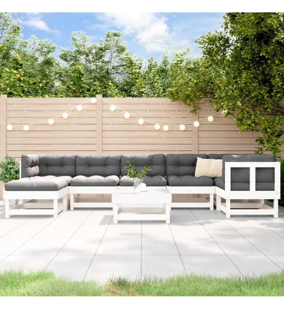 Salon de jardin 8 pcs avec coussins blanc bois massif