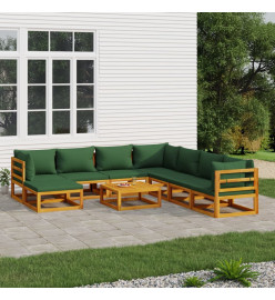 Salon de jardin 9 pcs avec coussins vert bois massif