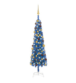 Arbre de Noël mince avec LED et boules Bleu 150 cm