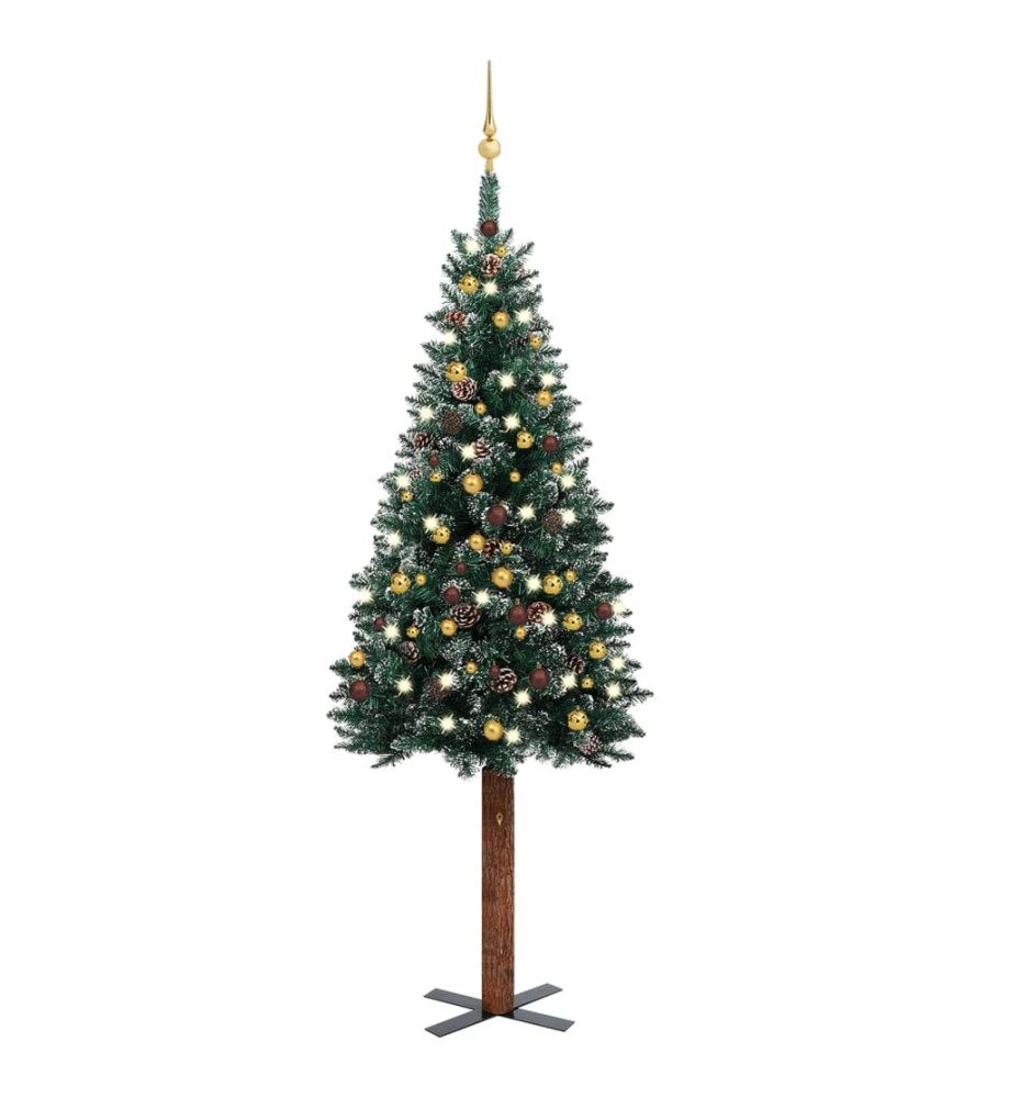 Sapin de Noël mince et LED et boules Vert 210 cm