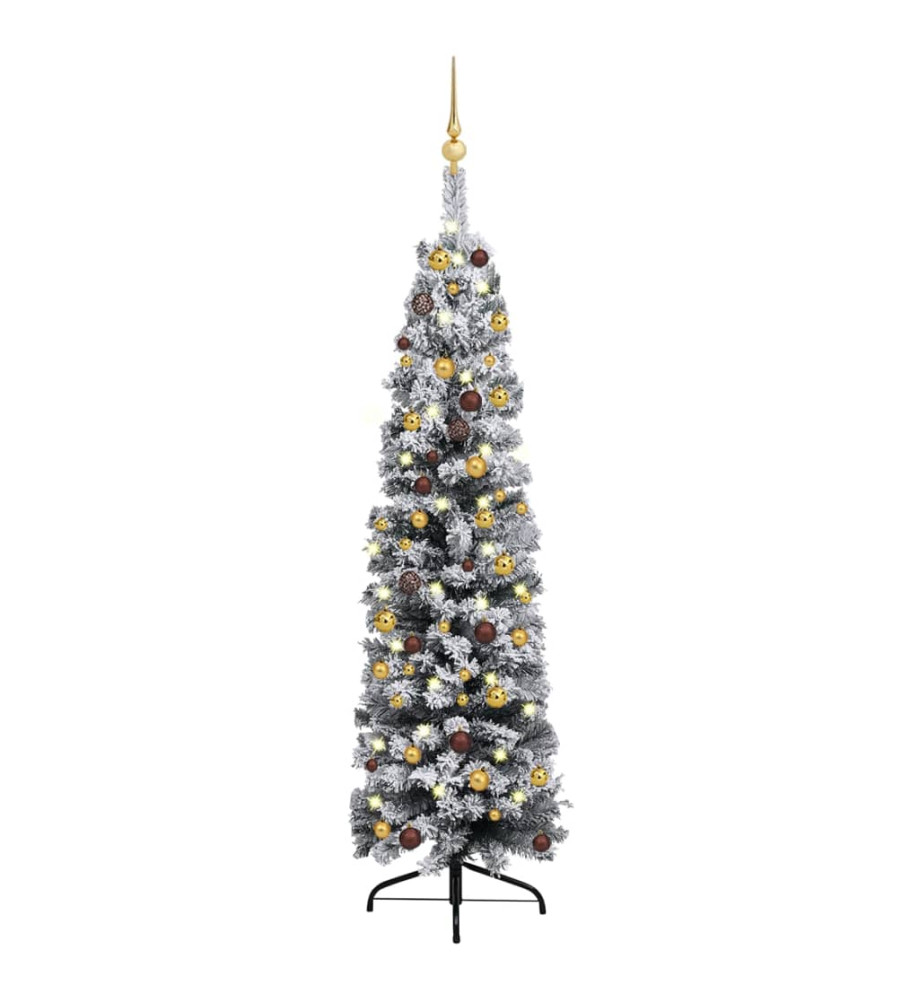 Sapin de Noël artificiel mince et LED et boules Vert 150 cm