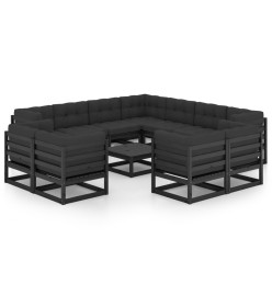 Salon de jardin 12 pcs avec coussins Noir Bois de pin massif