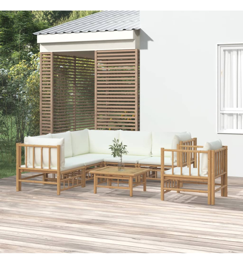 Salon de jardin 7 pcs avec coussins blanc crème bambou Salon de jardin 7 pcs avec coussins blanc crème bambou