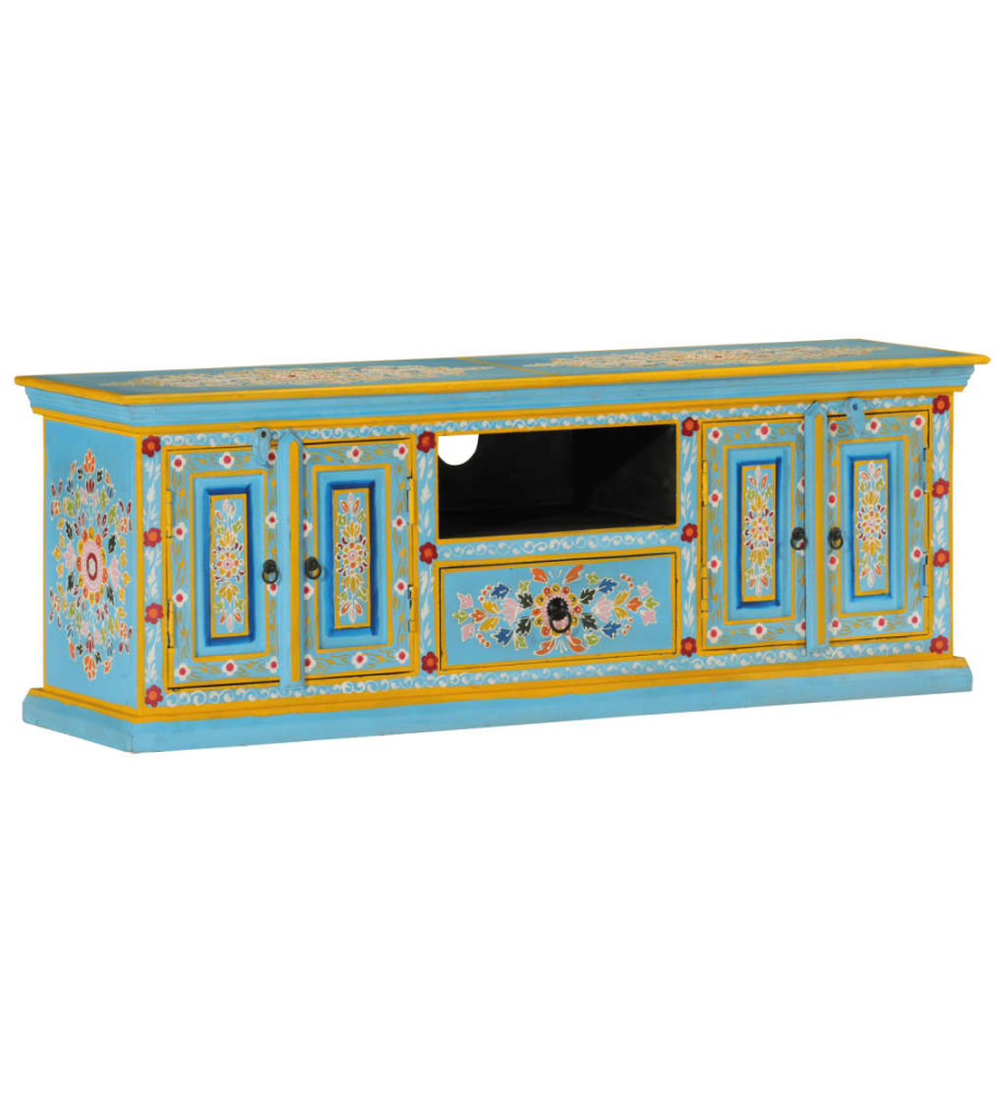 Meuble TV bleu 110x30x40 cm bois massif de manguier