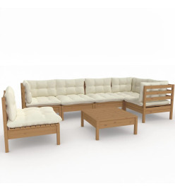 Salon de jardin 7 pcs avec coussins Marron miel Bois de pin