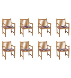 Chaises de jardin 8 pcs et coussins carreaux rouge Bois de teck