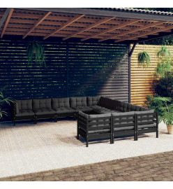 Salon de jardin 11 pcs avec coussins Noir Bois de pin