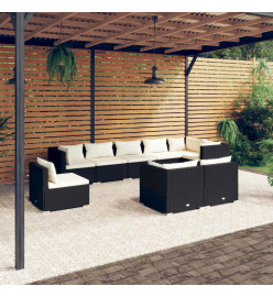 Salon de jardin 9 pcs avec coussins Résine tressée Noir