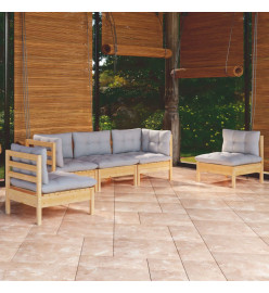 Salon de jardin 5 pcs avec coussins gris Bois de pin massif