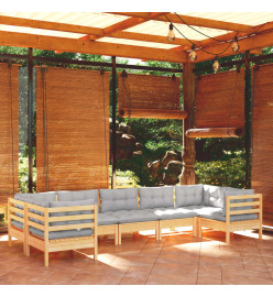 Salon de jardin 7 pcs avec coussins gris Bois de pin