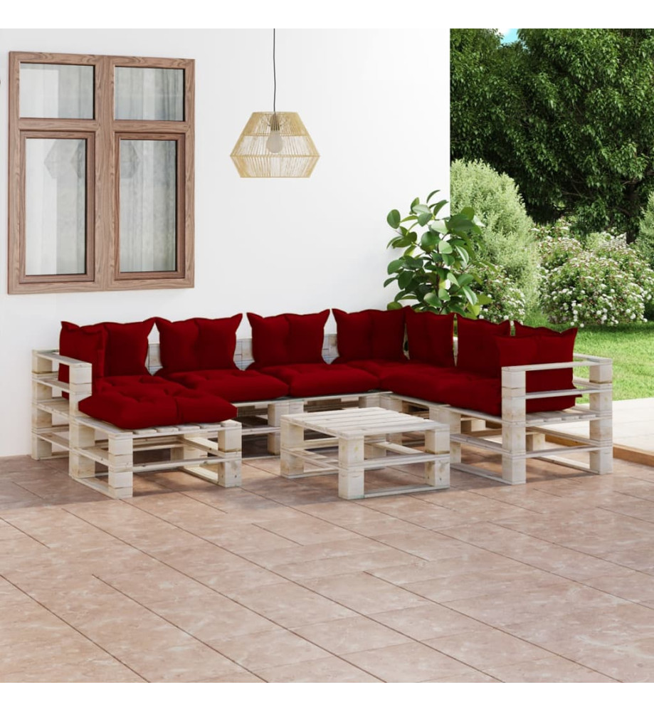 Salon de jardin palette 8 pcs avec coussins bois de pin