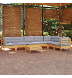 Salon de jardin 8 pcs avec coussins gris Bois de pin solide
