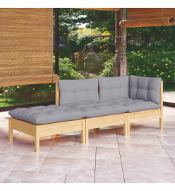 Salon de jardin 3 pcs avec coussins gris Bois de pin massif