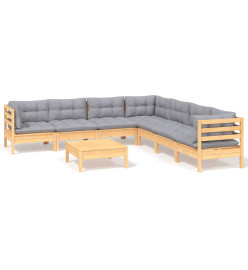 Salon de jardin 8 pcs avec coussins gris Bois de pin solide