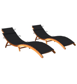 Chaises longues 2 pcs avec coussins Bois d'acacia solide