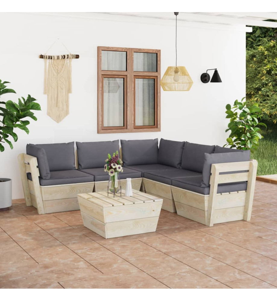 Salon de jardin palette 6 pcs avec coussins Épicéa imprégné