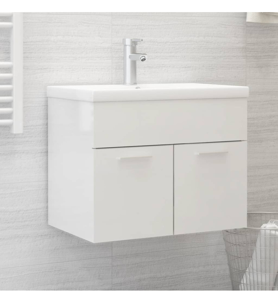 Armoire d'évier avec lavabo intégré Blanc brillant Aggloméré