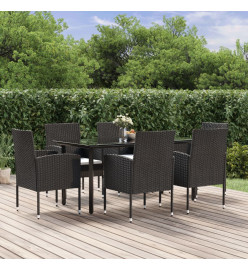 Ensemble à dîner de jardin et coussins 7pcs Noir Résine tressée