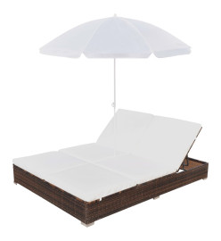 Chaise longue d'extérieur avec parasol Résine tressée Marron