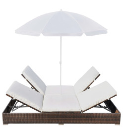 Chaise longue d'extérieur avec parasol Résine tressée Marron