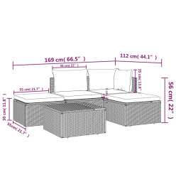 Salon de jardin 5 pcs avec coussins Gris Résine tressée