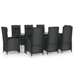 Mobilier à dîner de jardin 9pcs et coussins noir résine tressée