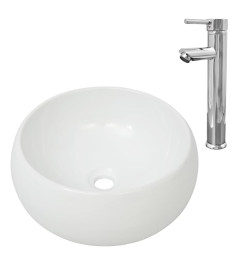 Lavabo de salle de bain avec mitigeur Céramique Rond Blanc