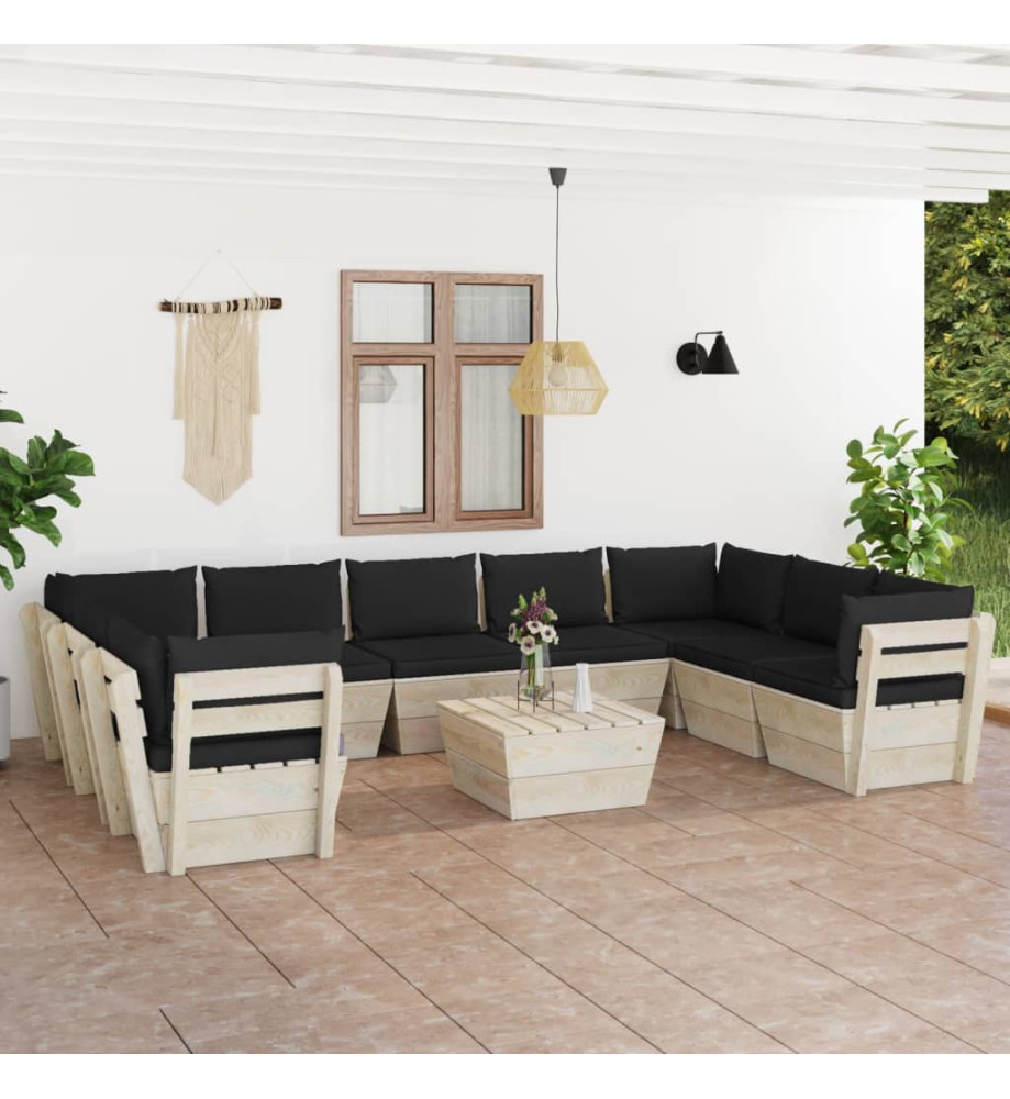 Salon de jardin palette 10 pcs avec coussins Épicéa imprégné