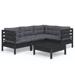 Salon de jardin 5 pcs avec coussins Noir Bois de pin
