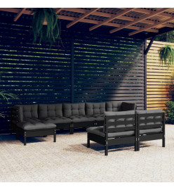 Salon de jardin 9 pcs avec coussins Noir Bois de pin