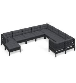 Salon de jardin 10 pcs avec coussins Noir Bois de pin