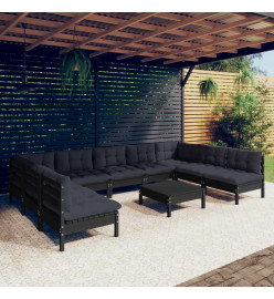 Salon de jardin 10 pcs avec coussins Noir Bois de pin solide