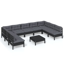 Salon de jardin 10 pcs avec coussins Noir Bois de pin solide