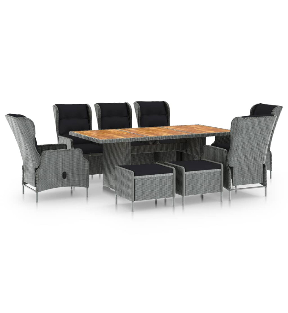 Mobilier à dîner 9 pcs avec coussins Résine tressée Gris clair